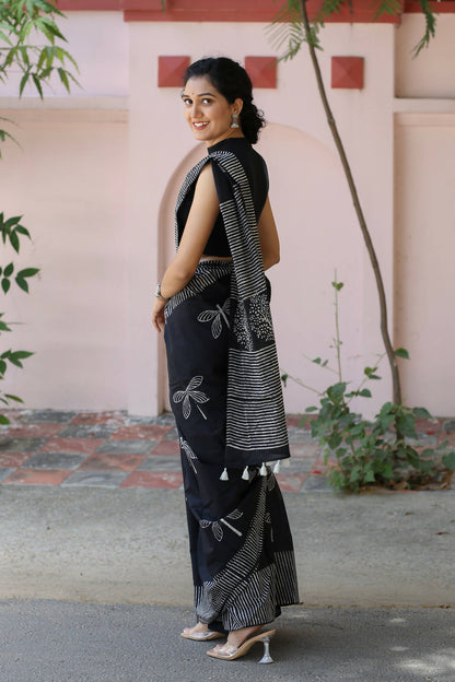 Black Dragonflies - Hand Block Print Mulmul Cotton Bagru Saree