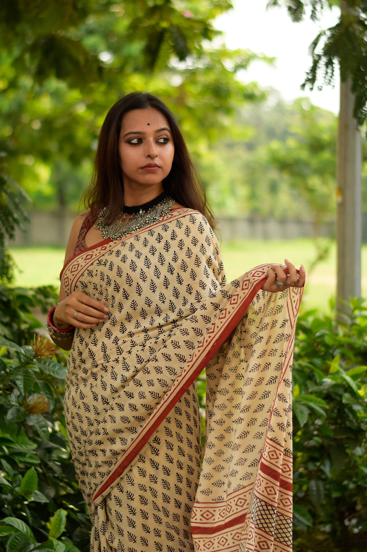 Desert Pine  - Hand Block Print Mulmul Cotton Bagru Saree