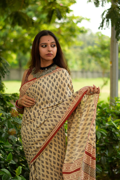 Desert Pine  - Hand Block Print Mulmul Cotton Bagru Saree