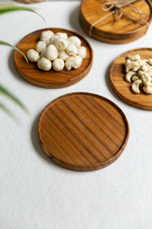 Solid Teak Wood Round Nibble/Snack Plate (Set of 2)