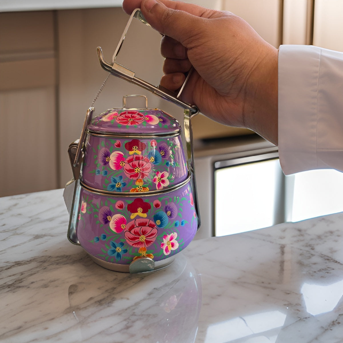 Purple hand painted 2 Tier Stainless Steel Tiffin