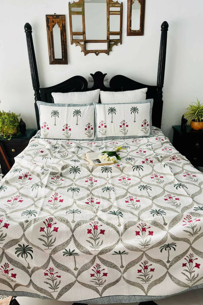 Palm Jaal Handblock Printed Jacquard Bedcover