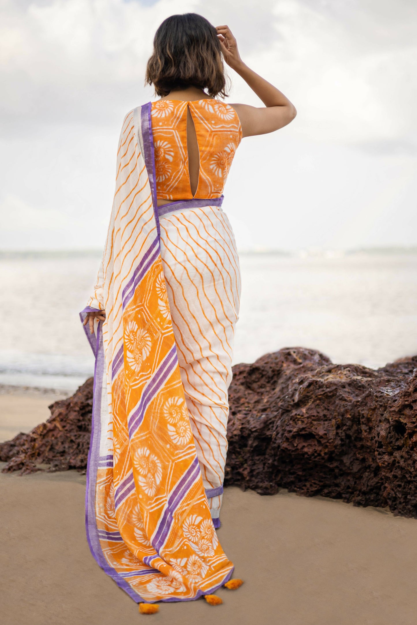 Caracol Orange & Lilac Linen Saree