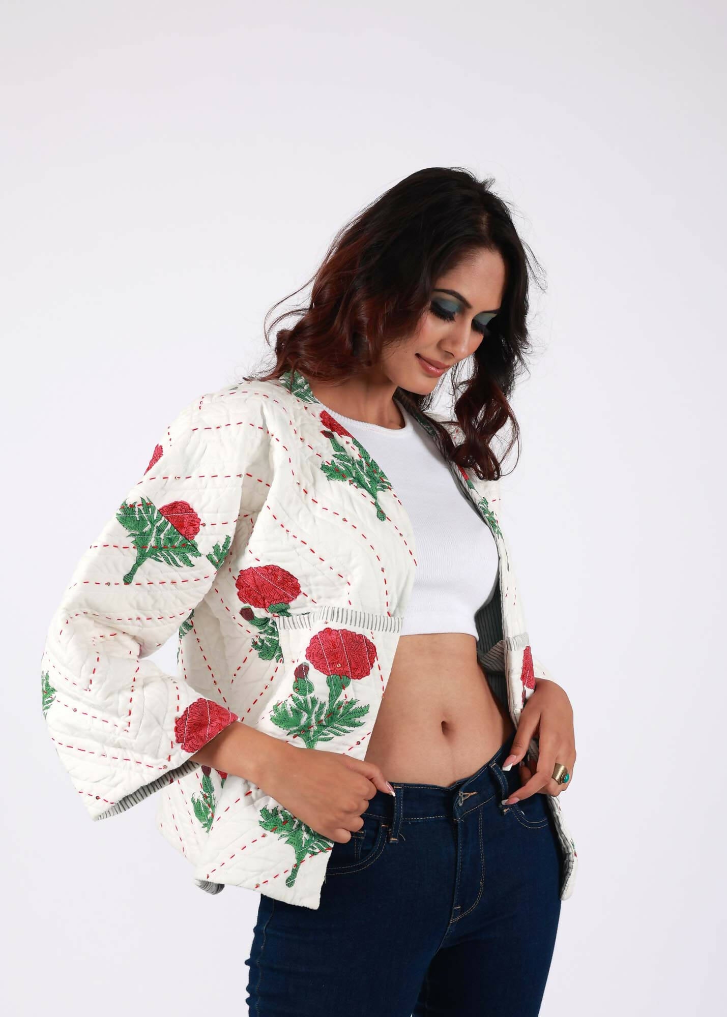 Swan Handblock Printed Ivory Jacket