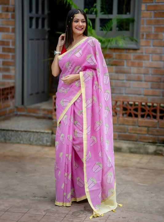 Barbie Girl – Popcorn Screen Print on Chanderi Saree