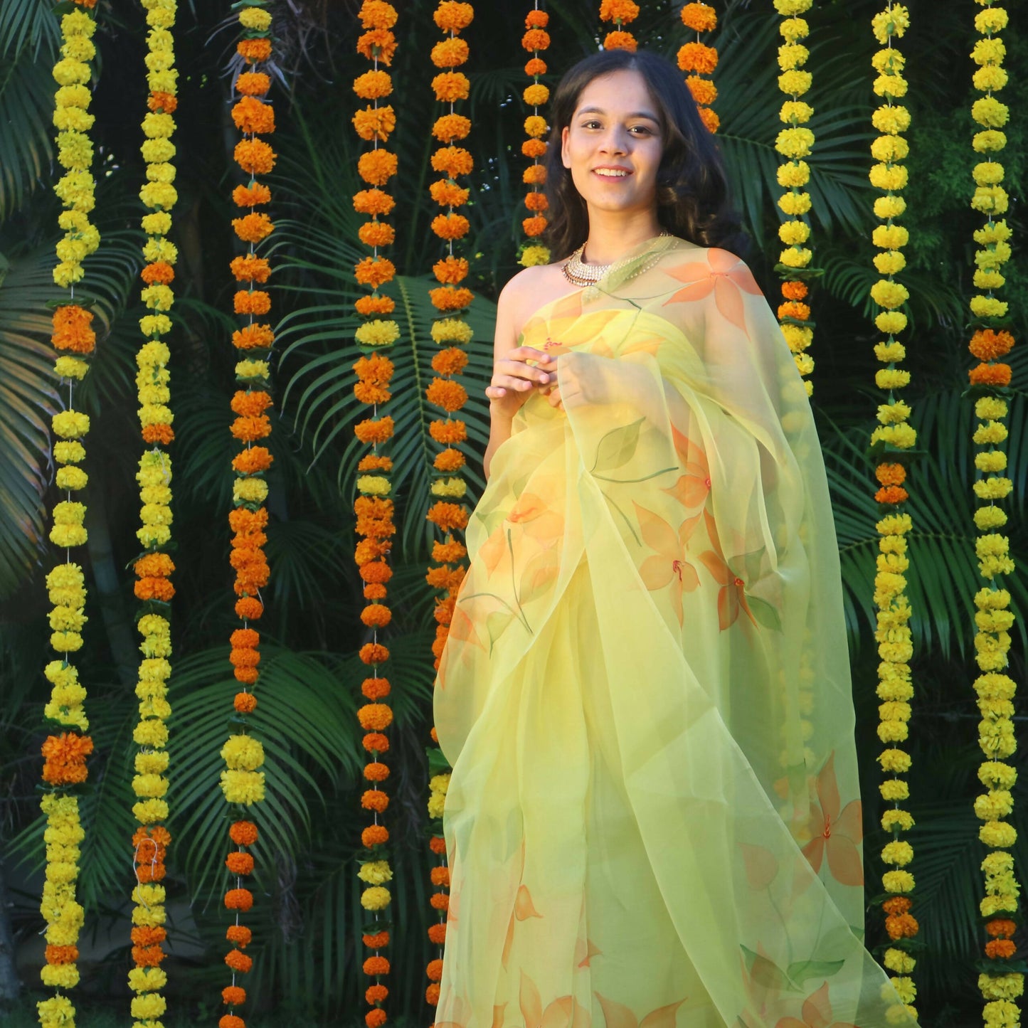 Full Daisies Organza Saree In Yellow