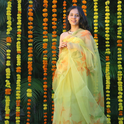 Full Daisies Organza Saree In Yellow