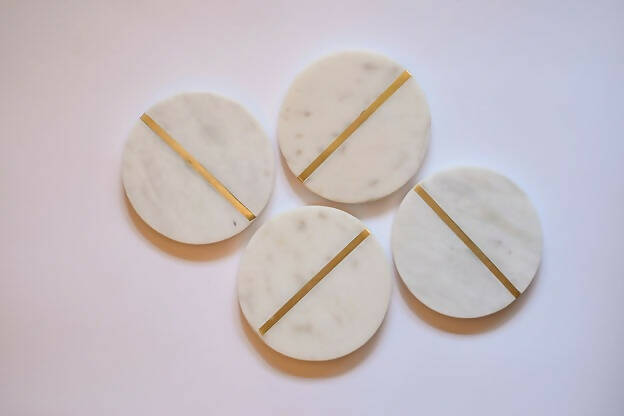 Coasters Marble Round White Brass Centre Detailing