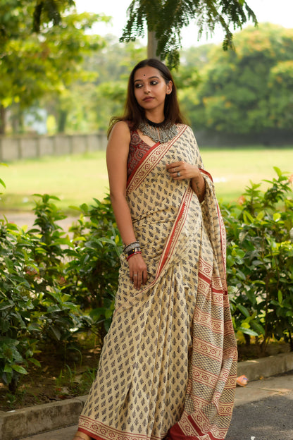 Desert Pine  - Hand Block Print Mulmul Cotton Bagru Saree