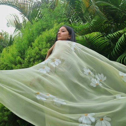 Half-Daisies Olive Green Chiffon Saree