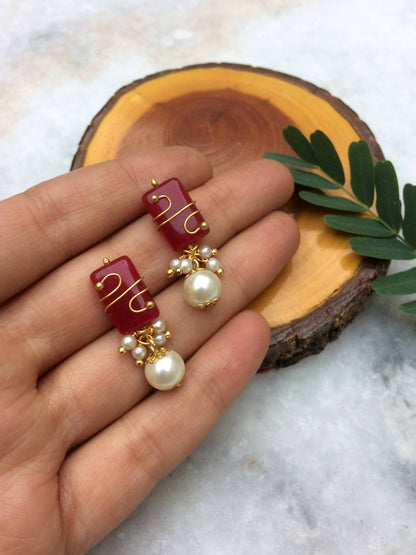 Stone and Pearl Stud Earrings