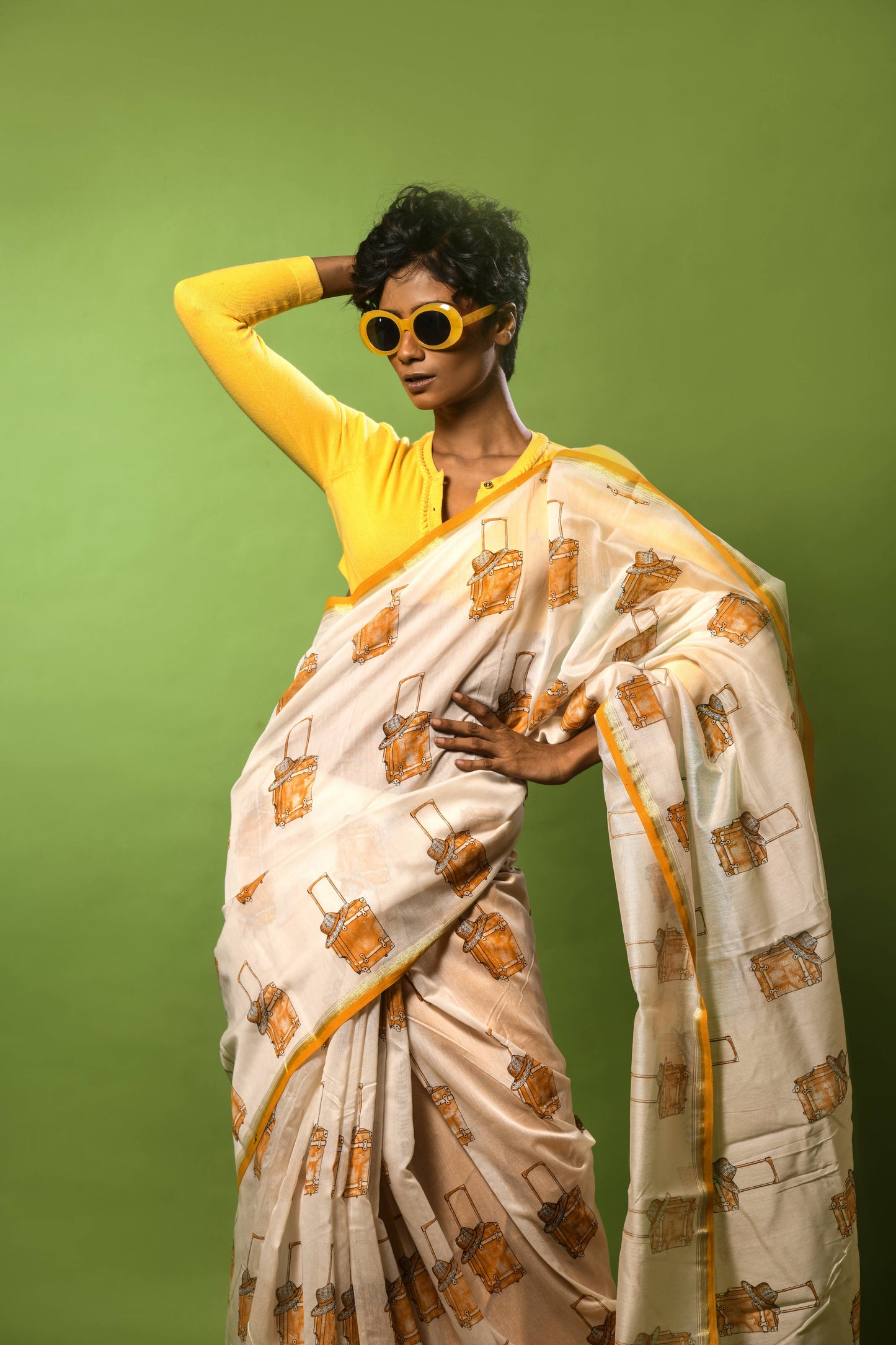 Suitcase Beige Chanderi Printed Saree