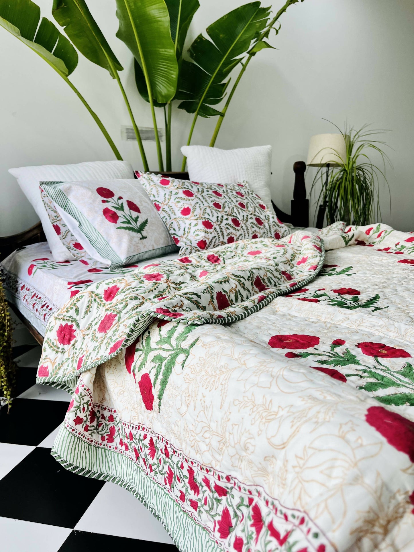 Red Poppy Hand Block Printed Cotton Bedding Set