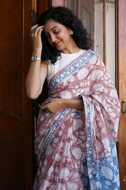 Sea Breeze - Hand Block Print Mulmul Cotton Bagru Saree