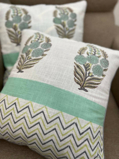 Slub Cotton Cushion Cover| Aqua Green Zig-Zag (Set of 2)