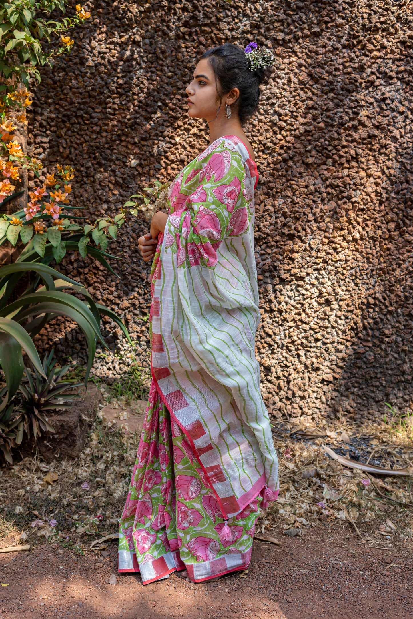 Bougainvillea Hand Printed Linen Saree