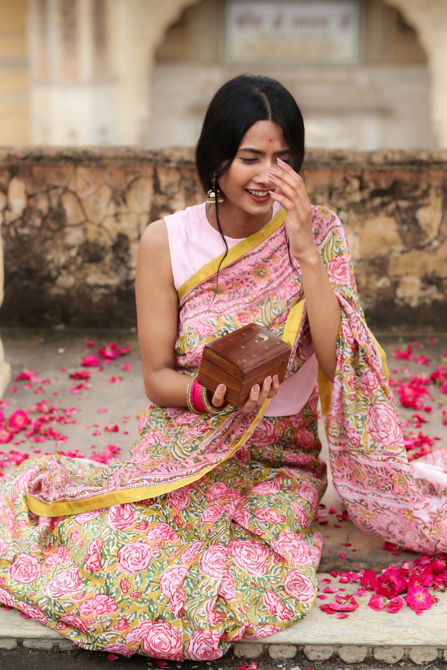 Wild Rose - Hand Block Print Chanderi Silk Saree