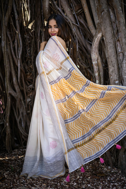 O Mar Chanderi Silk White Saree