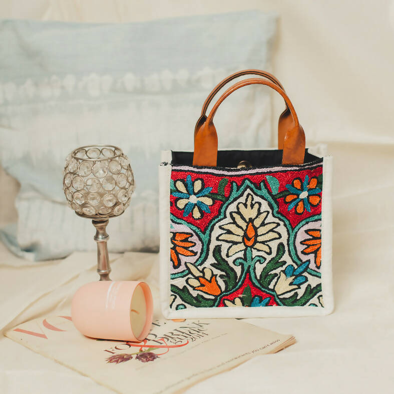 Cream Clovered Embroidered Hand Bag - Kashmir Khazana
