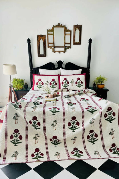 Royal Poppy Handblock Printed Quilted Bedcover