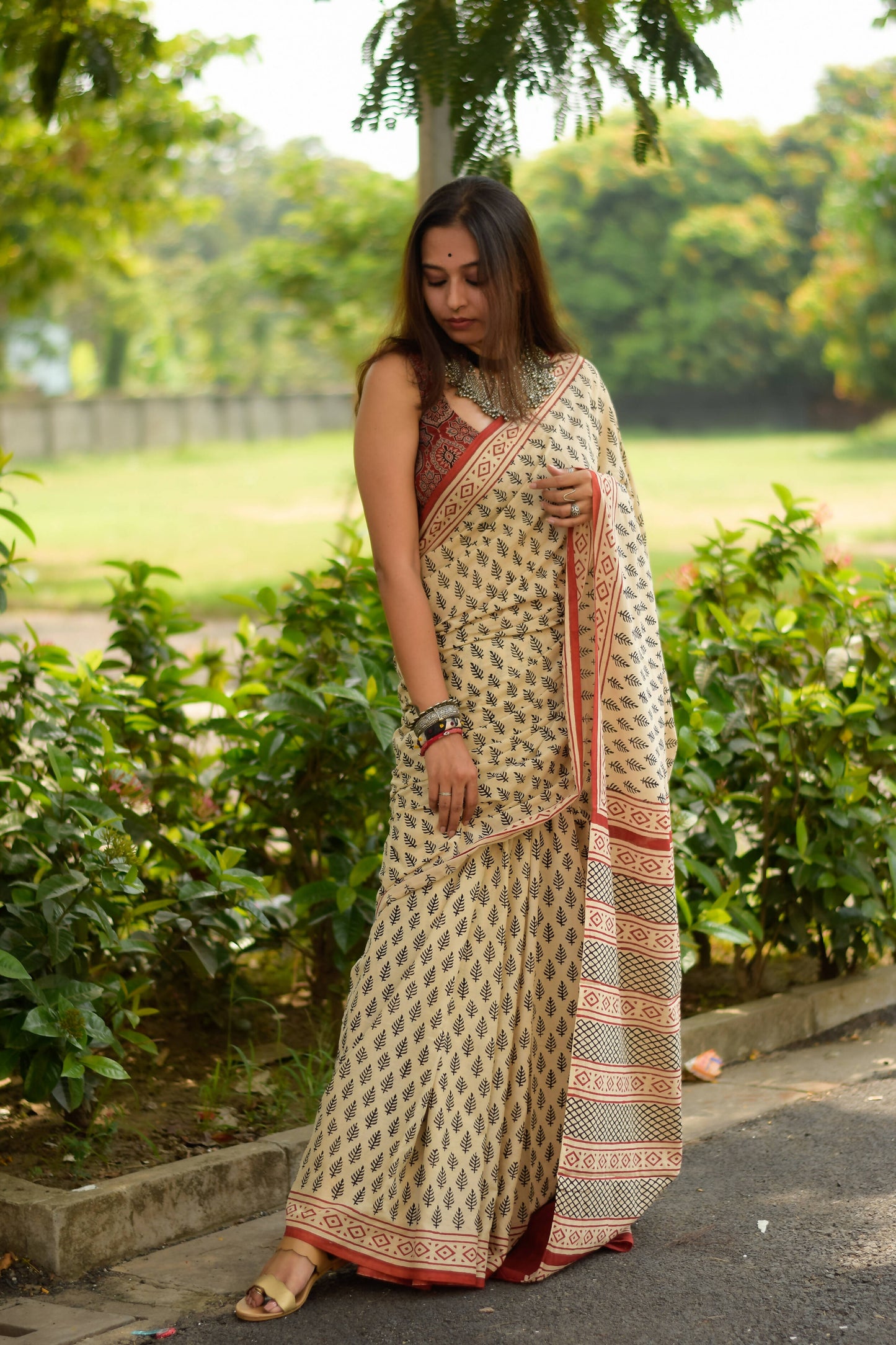 Desert Pine  - Hand Block Print Mulmul Cotton Bagru Saree