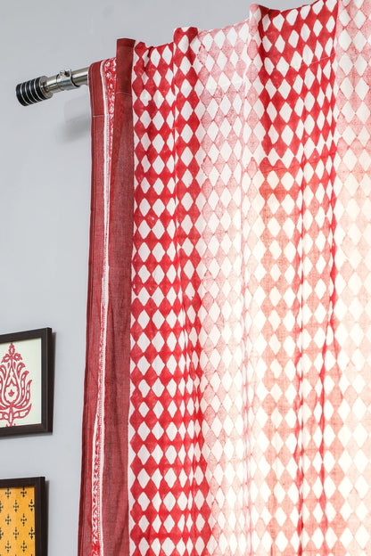 Artistic Red Illusions Handblock Printed Cotton Door Curtain