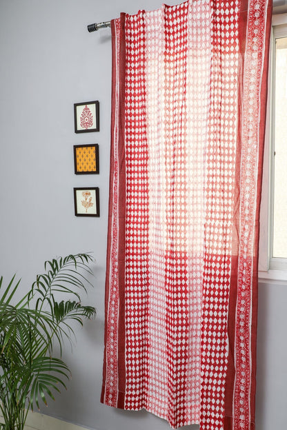 Artistic Red Illusions Handblock Printed Cotton Door Curtain