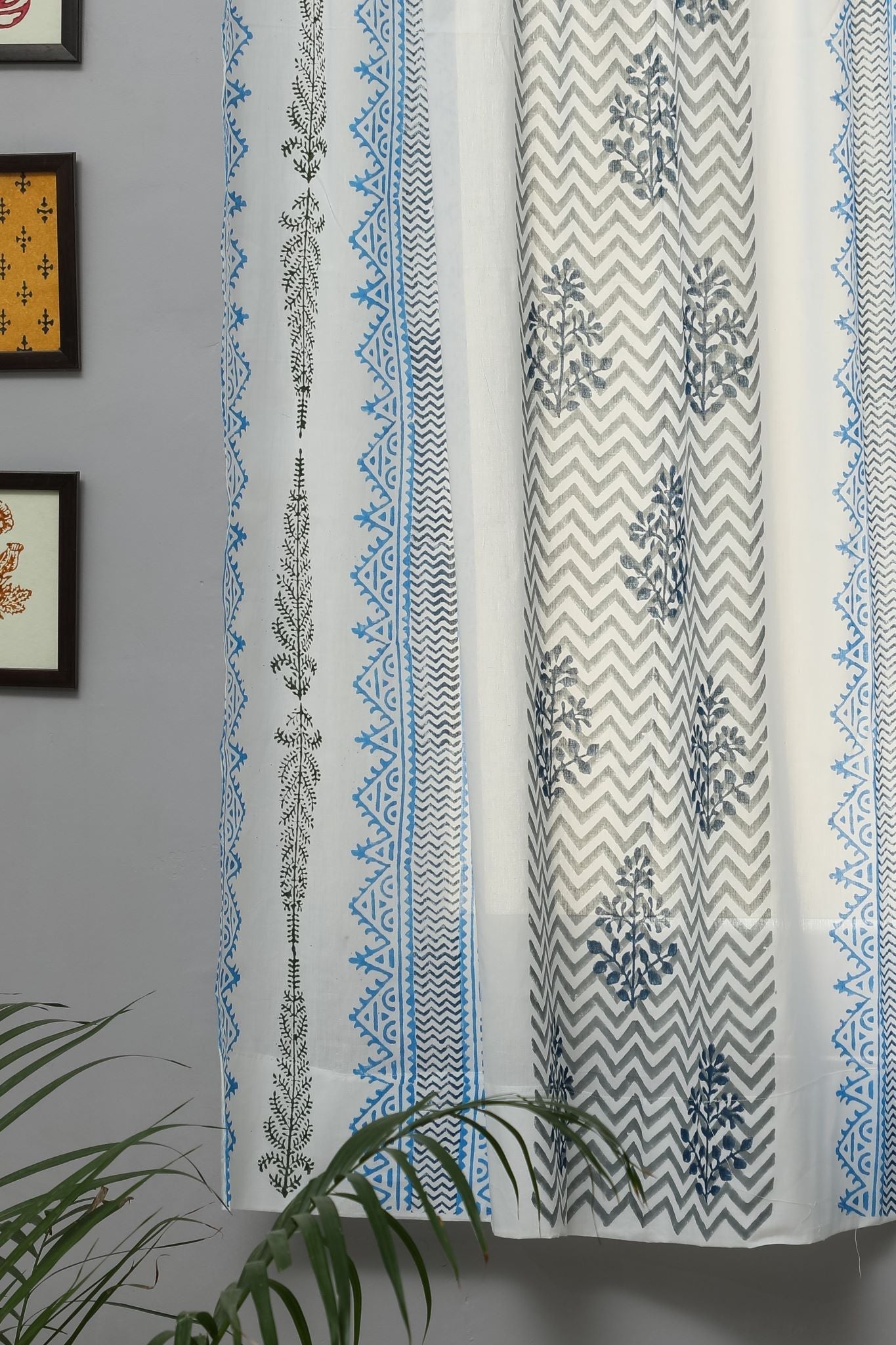 Bering Blue Handblock Printed Cotton Window Curtain