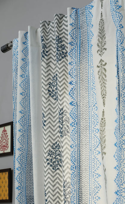 Bering Blue Handblock Printed Cotton Window Curtain