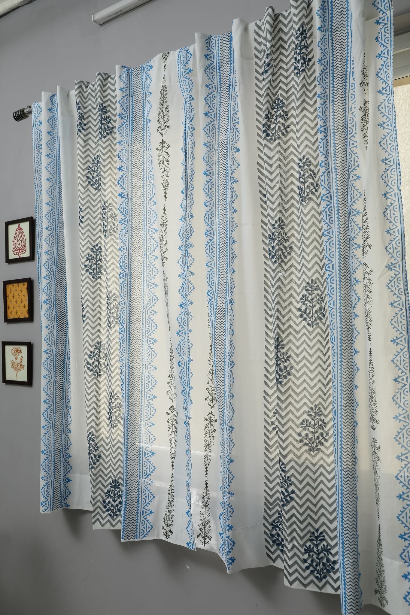 Bering Blue Handblock Printed Cotton Window Curtain