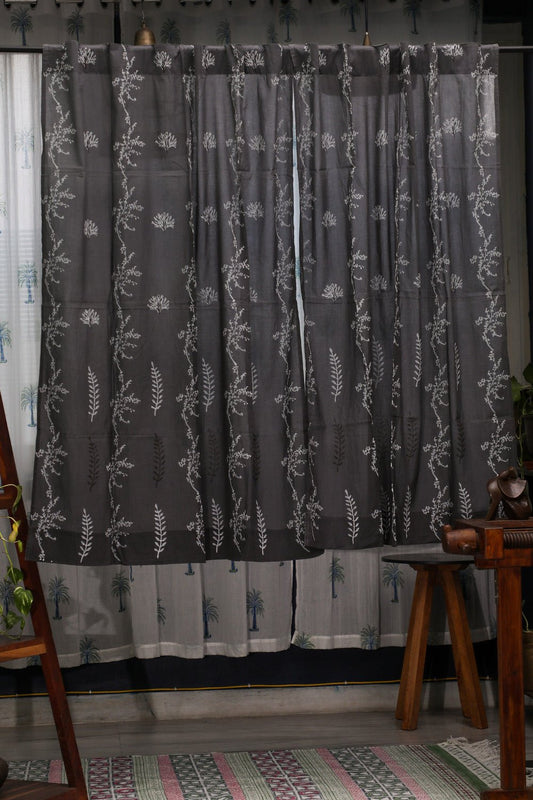 Blooming in Night Handblock Printed Cotton Window Curtain