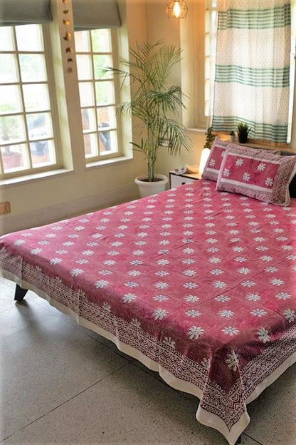 Blooming Pink' Handblock Printed Cotton Bedsheet