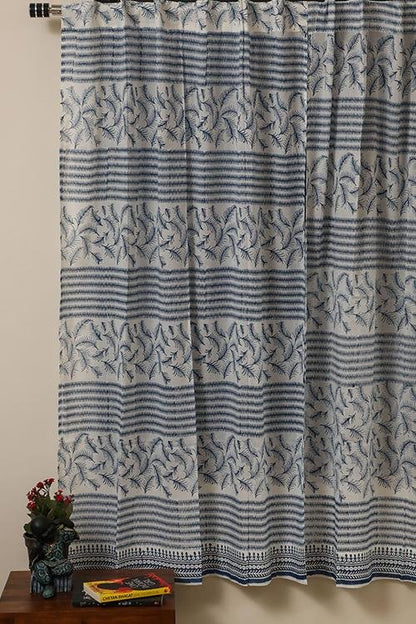 Blue Mesh Handblock Printed Voile Cotton Curtain