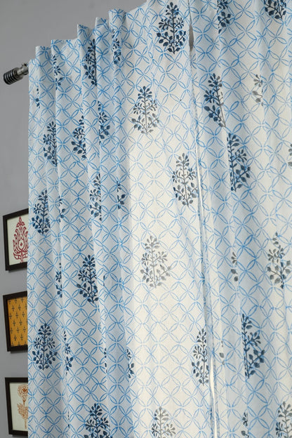 Cabbean Blue Handblock Printed Cotton Door Curtain