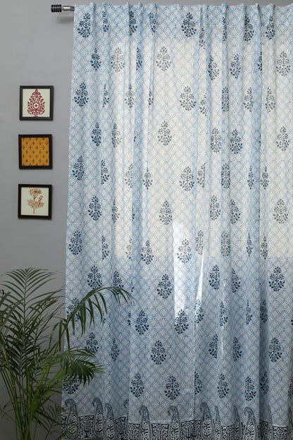 Cabbean Blue Handblock Printed Cotton Door Curtain