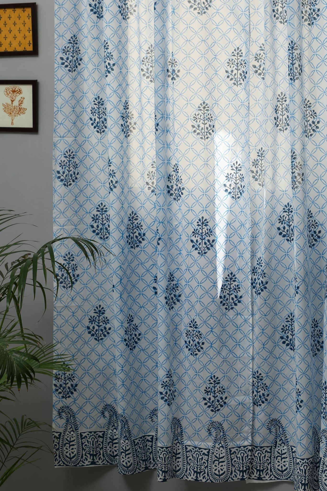 Cabbean Blue Handblock Printed Cotton Door Curtain