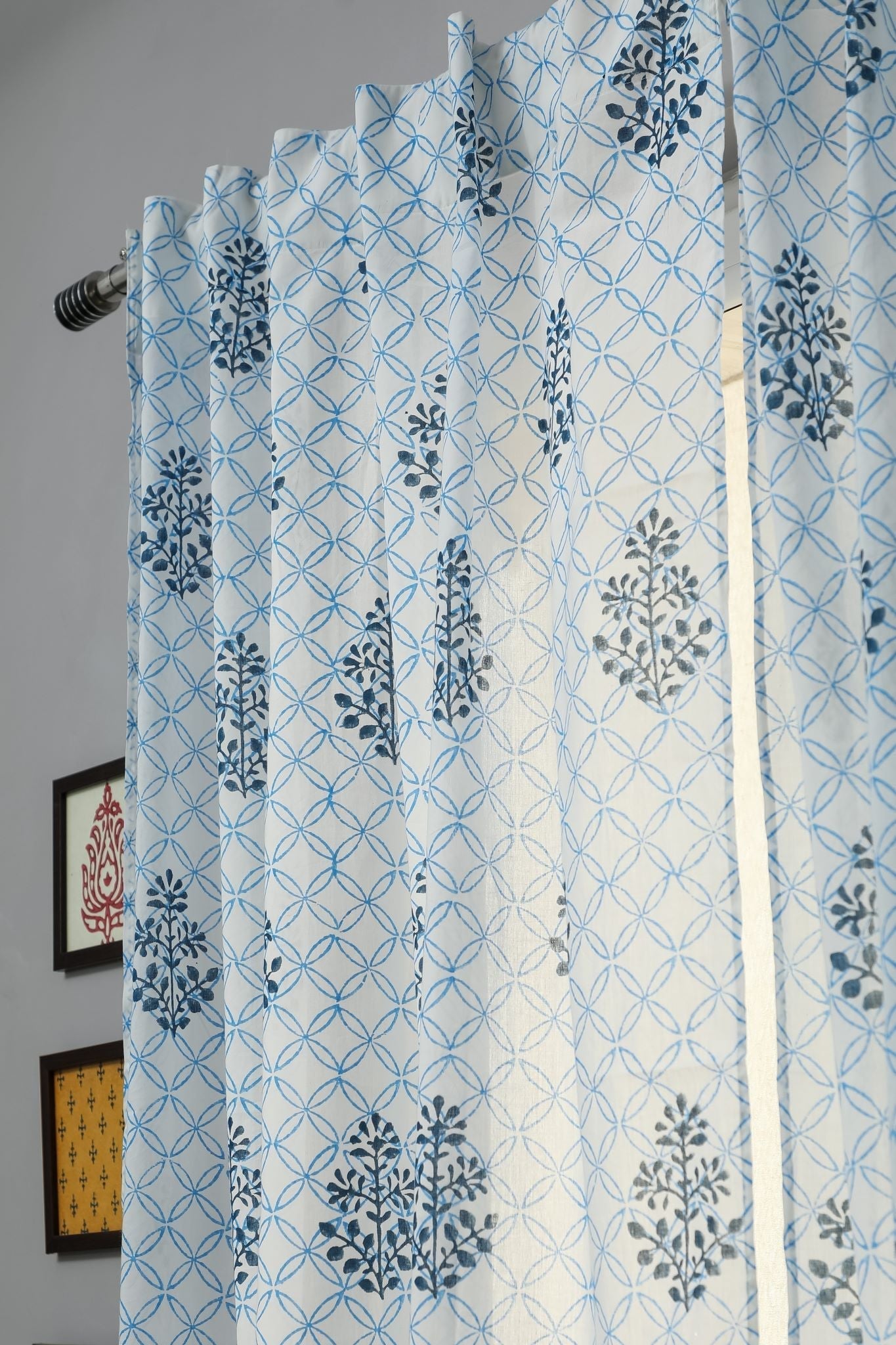 Cabbean Blue Handblock Printed Cotton Window Curtain