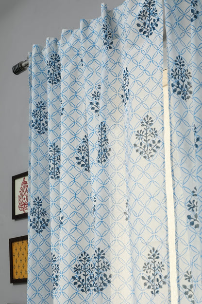 Cabbean Blue Handblock Printed Cotton Window Curtain