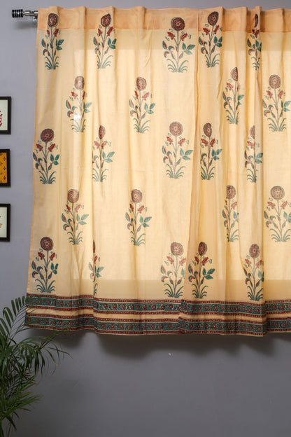 Calendula Red Handblock Printed Cotton Window Curtain