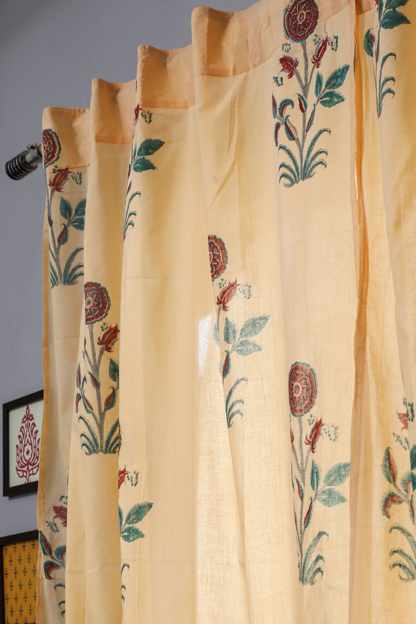 Calendula Red Handblock Printed Cotton Window Curtain