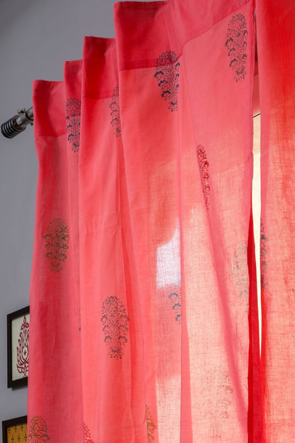 Climbing Orangee Handblock Printed Cotton Window Curtain