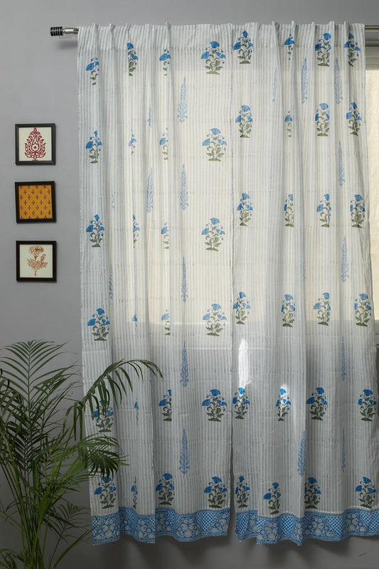 Coral Blue Handblock Printed Cotton Door Curtain