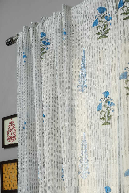 Coral Blue Handblock Printed Cotton Door Curtain