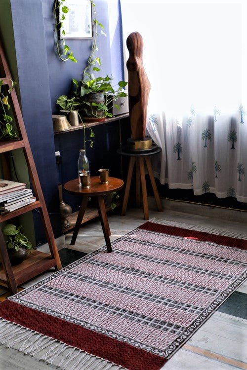 Crimson Crosses' Handblock Printed Cotton Dhurrie Rug