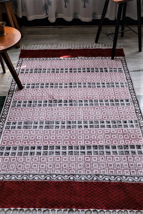 Crimson Crosses' Handblock Printed Cotton Dhurrie Rug