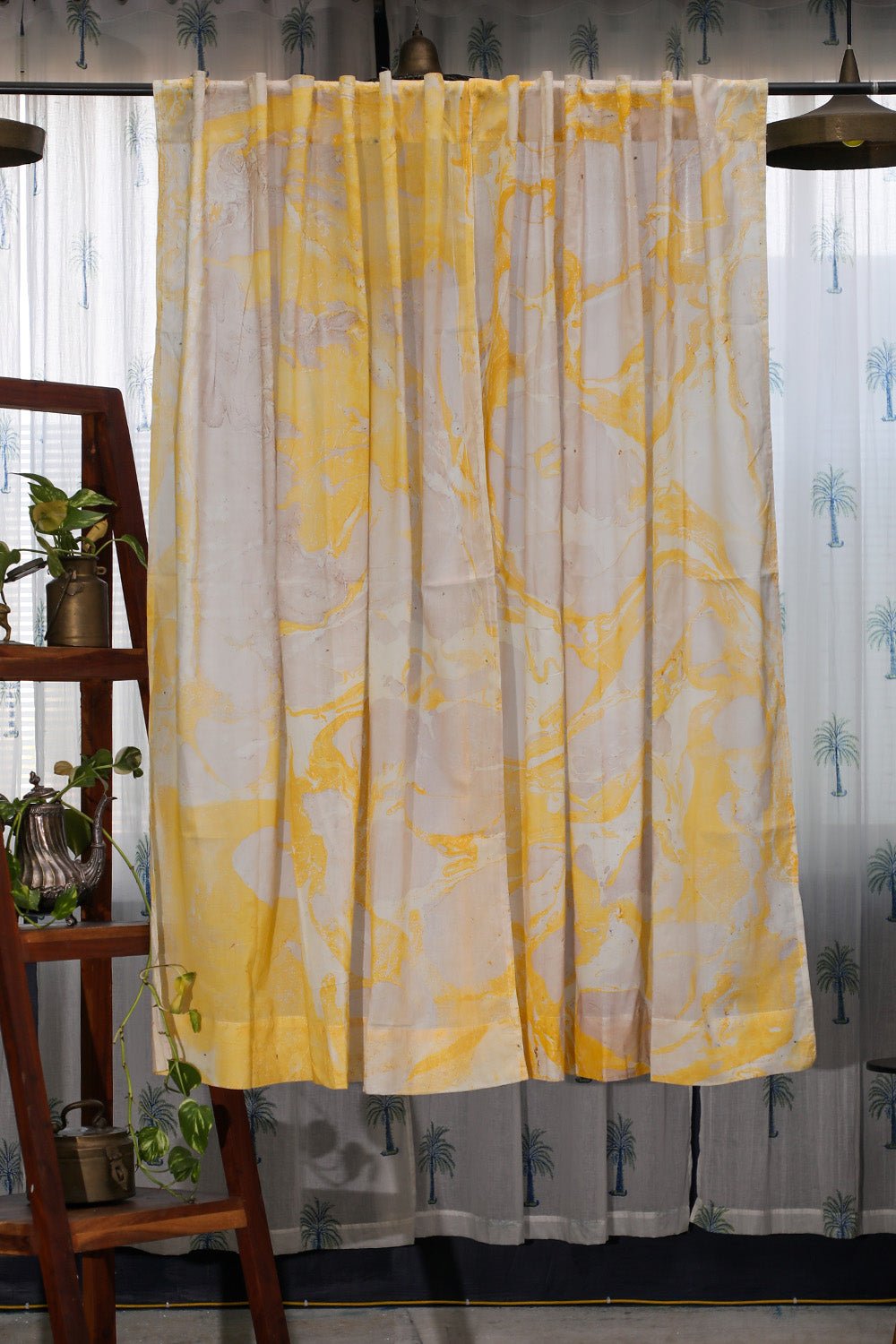 Dreaming Yellow Handmarble Printed Cotton Window Curtain