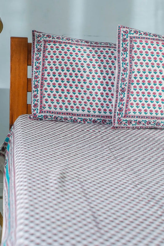 Floral dots' Handblock Printed Cotton Bedsheet