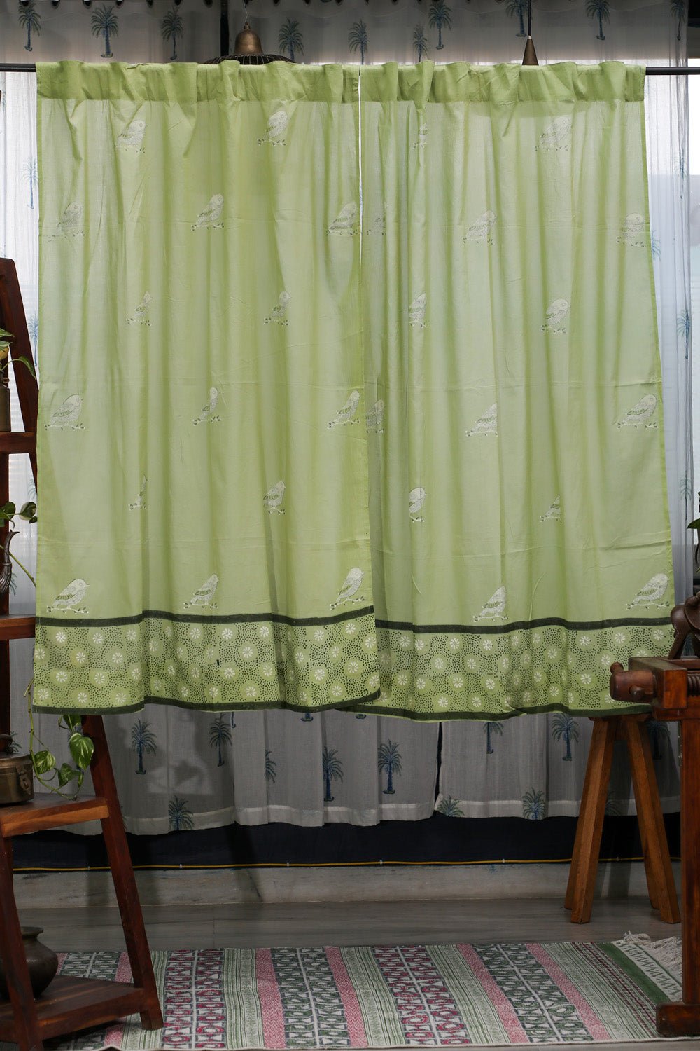 Garden Sparrow- Pastel Green Handblock Printed Cotton Window Curtain