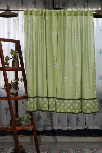 Garden Sparrow- Pastel Green Handblock Printed Cotton Window Curtain