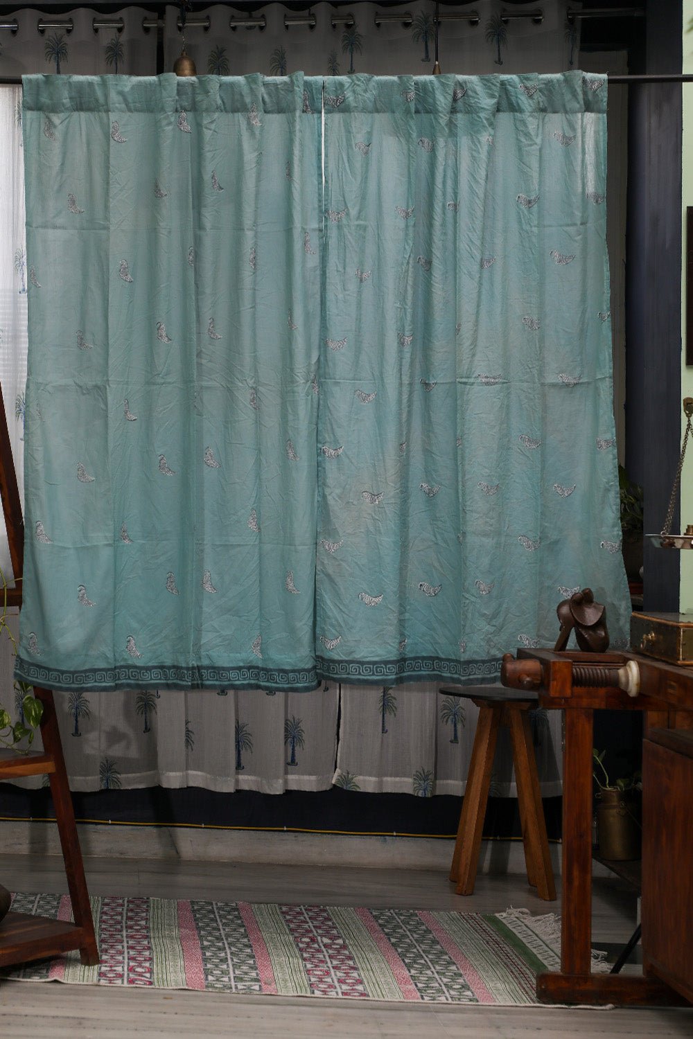 Hiding Sparrow- Pastel Pine Handblock Printed Cotton Window Curtain